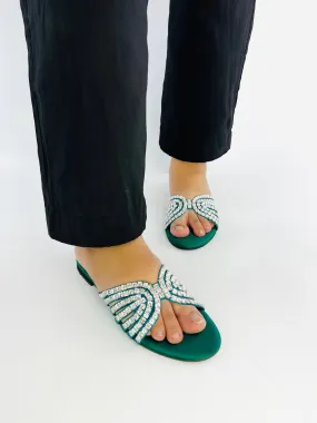 Jamie Green Crystal Stones Embellished Flats Sandals