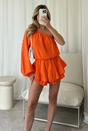 Jayda orange one shoulder anglaise cheesecloth playsuit