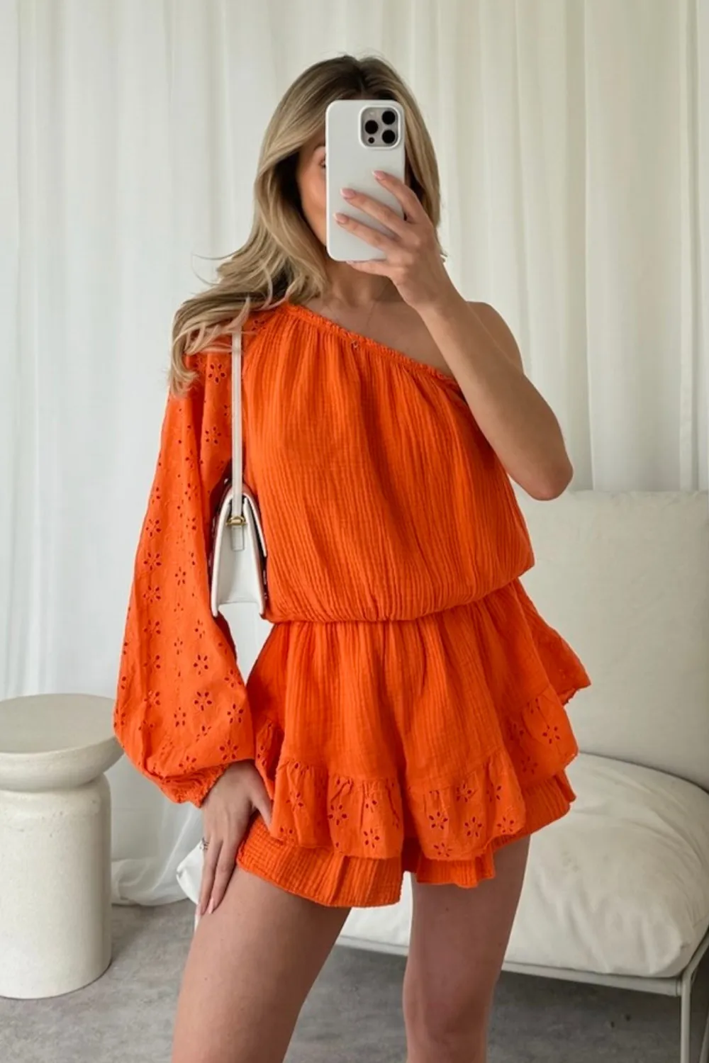 Jayda orange one shoulder anglaise cheesecloth playsuit