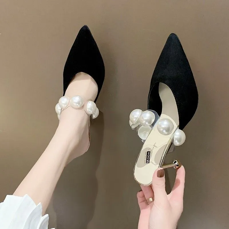 JOSKAA 2024 Women Shoe Designer Pearl Strap Fairy Style Sandals Pointed Luxury 8cm Thin High Heels Pumps