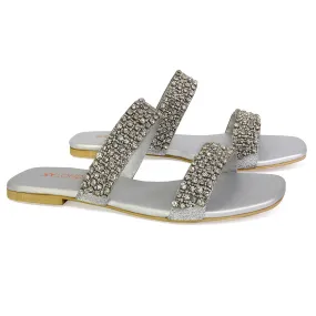 Justina Sparkly Embellished Square Toe Double Strappy Flat Diamante Sandals in Silver