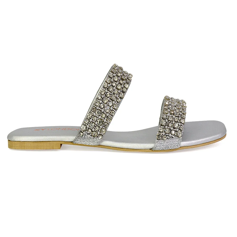 Justina Sparkly Embellished Square Toe Double Strappy Flat Diamante Sandals in Silver