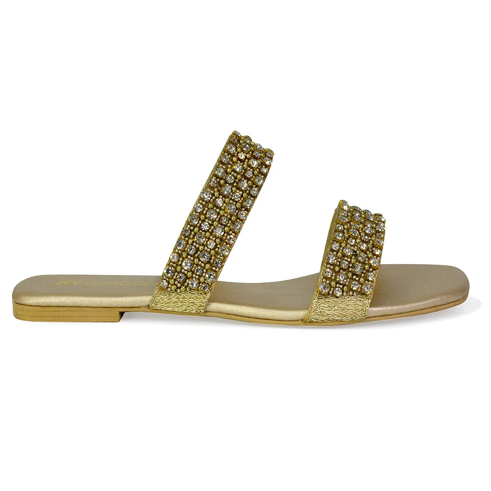 Justina Sparkly Embellished Square Toe Double Strappy Flat Diamante Sandals in Silver