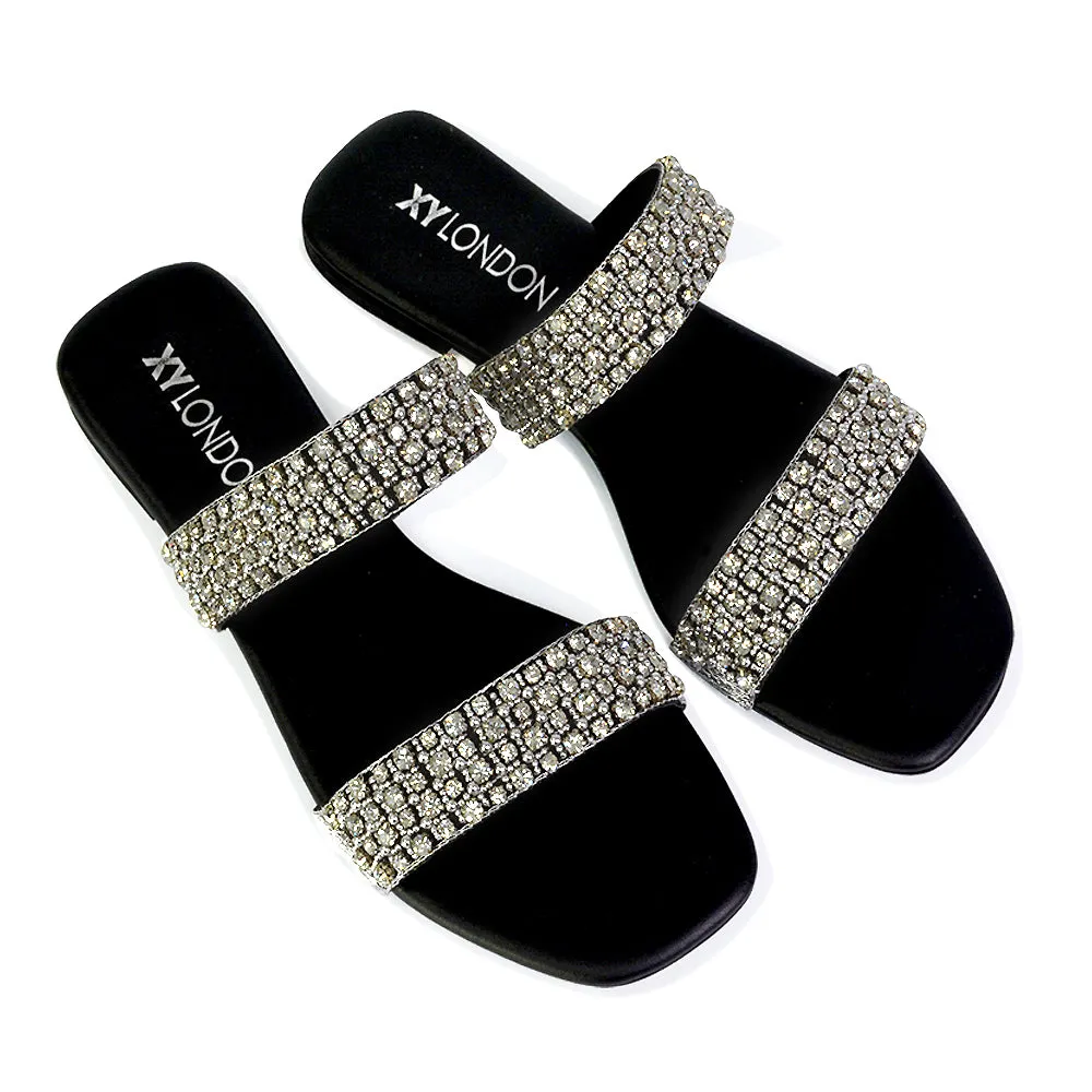 Justina Sparkly Embellished Square Toe Double Strappy Flat Diamante Sandals in Silver