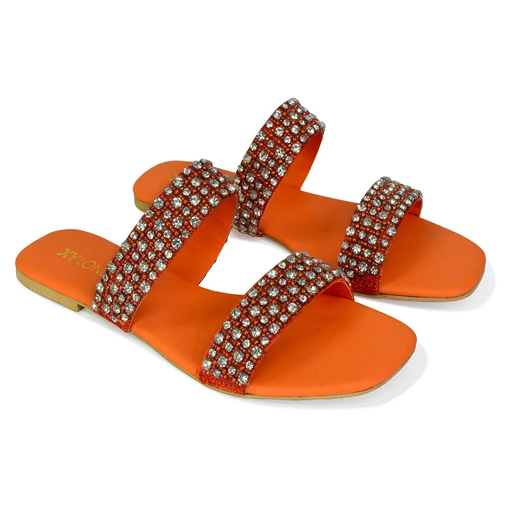 Justina Sparkly Embellished Square Toe Double Strappy Flat Diamante Sandals in Silver