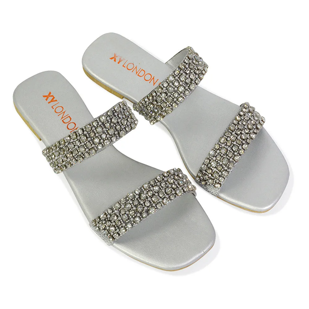Justina Sparkly Embellished Square Toe Double Strappy Flat Diamante Sandals in Silver