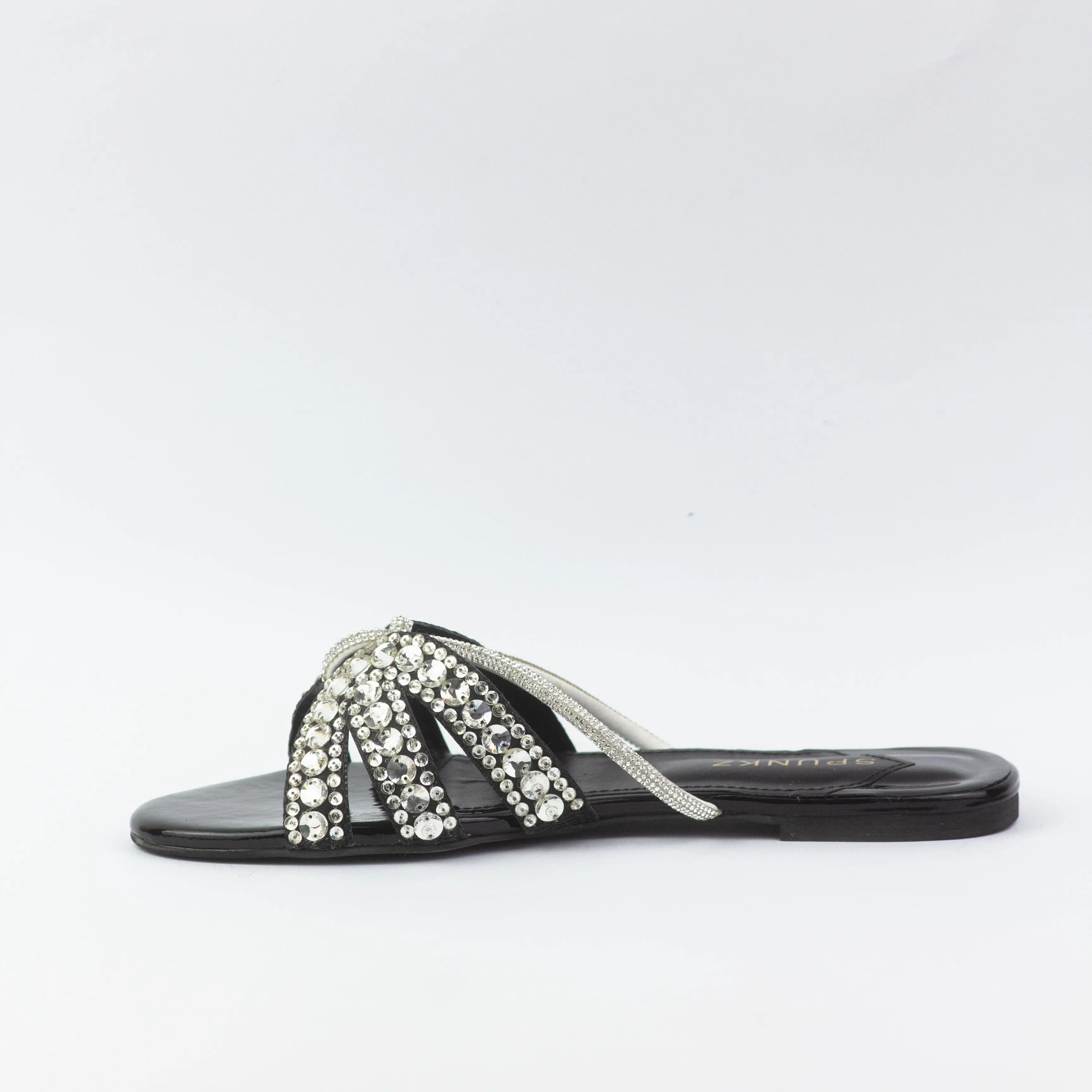 Kali Sequin Decor Crystal Embellished Black Flat Slides