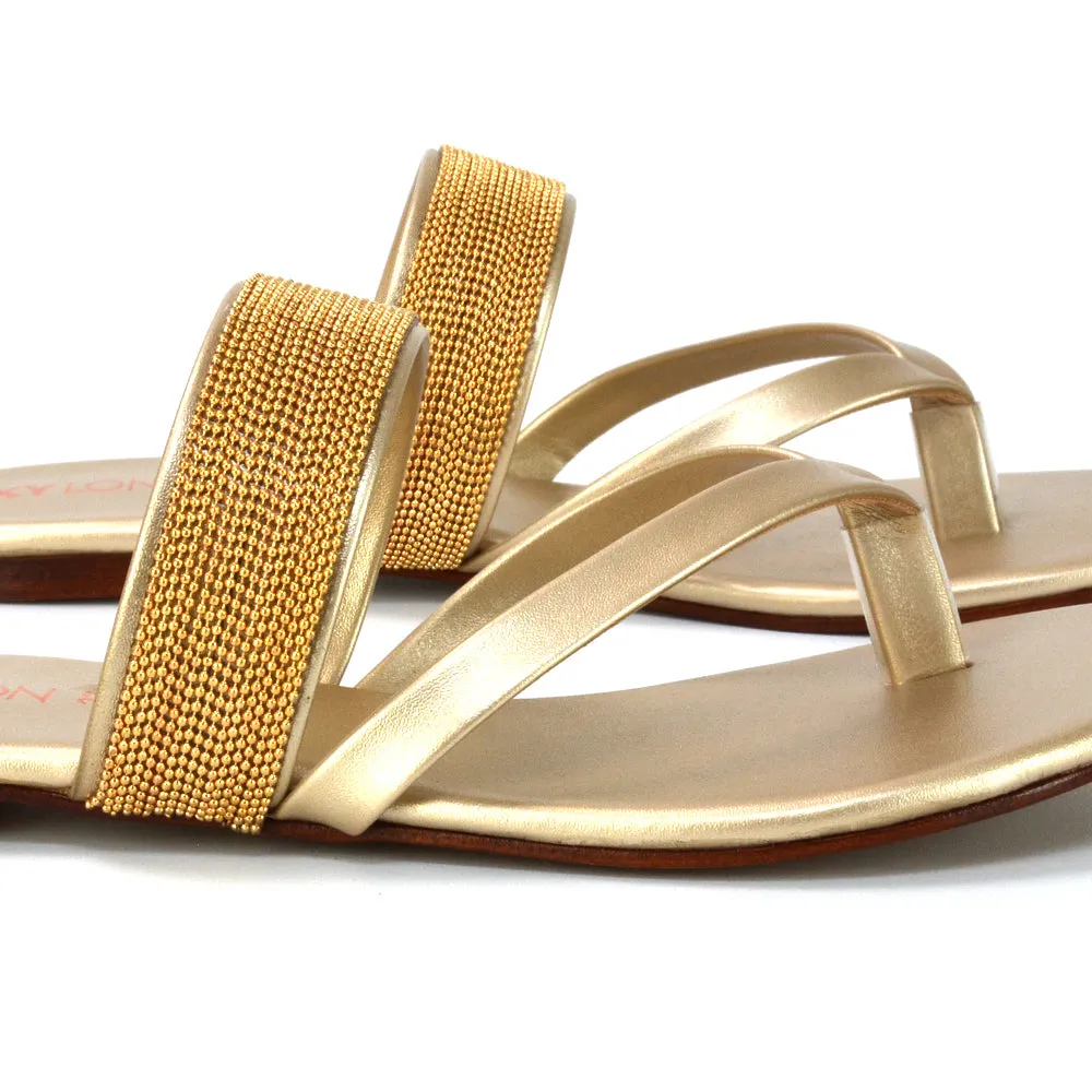 Karis Flat Strappy Toe Post Slip on Flip Flop Slides Diamante Sandals in Black