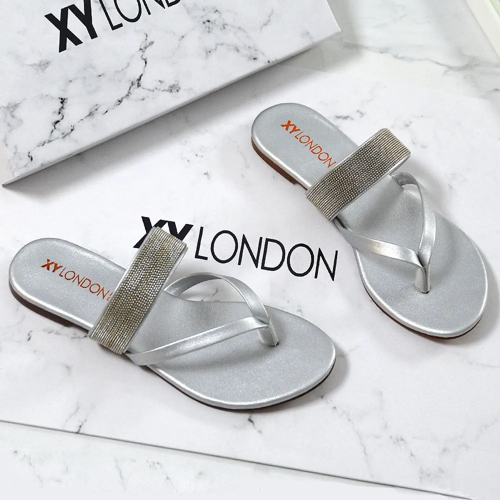 Karis Flat Strappy Toe Post Slip on Flip Flop Slides Diamante Sandals in Black