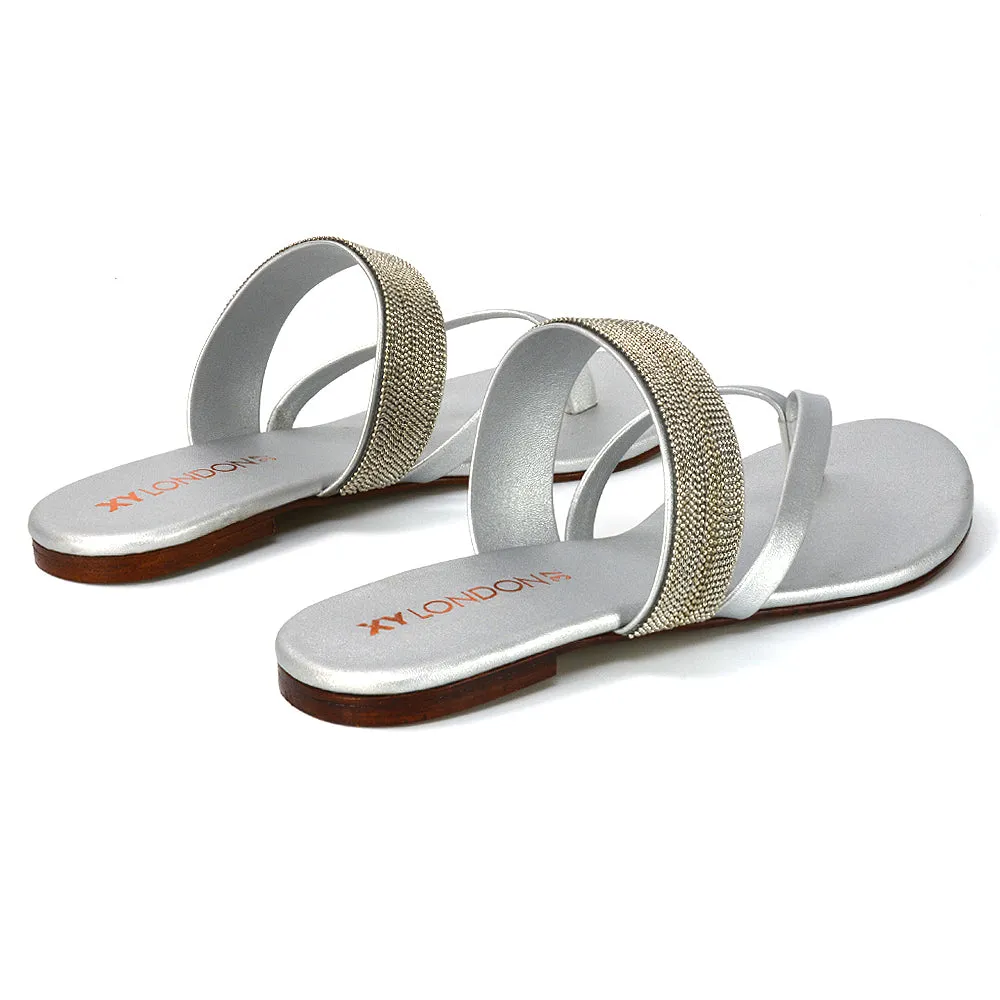 Karis Flat Strappy Toe Post Slip on Flip Flop Slides Diamante Sandals in Black