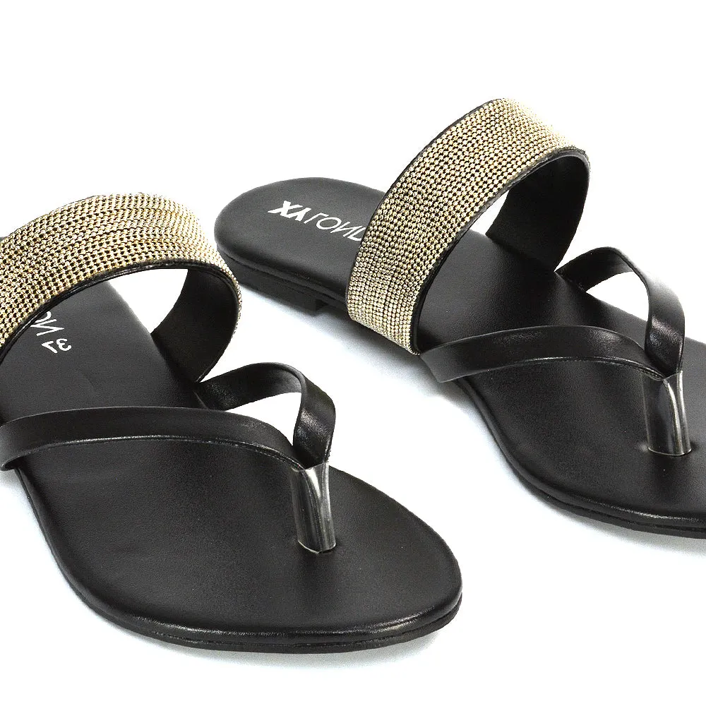 Karis Flat Strappy Toe Post Slip on Flip Flop Slides Diamante Sandals in Black