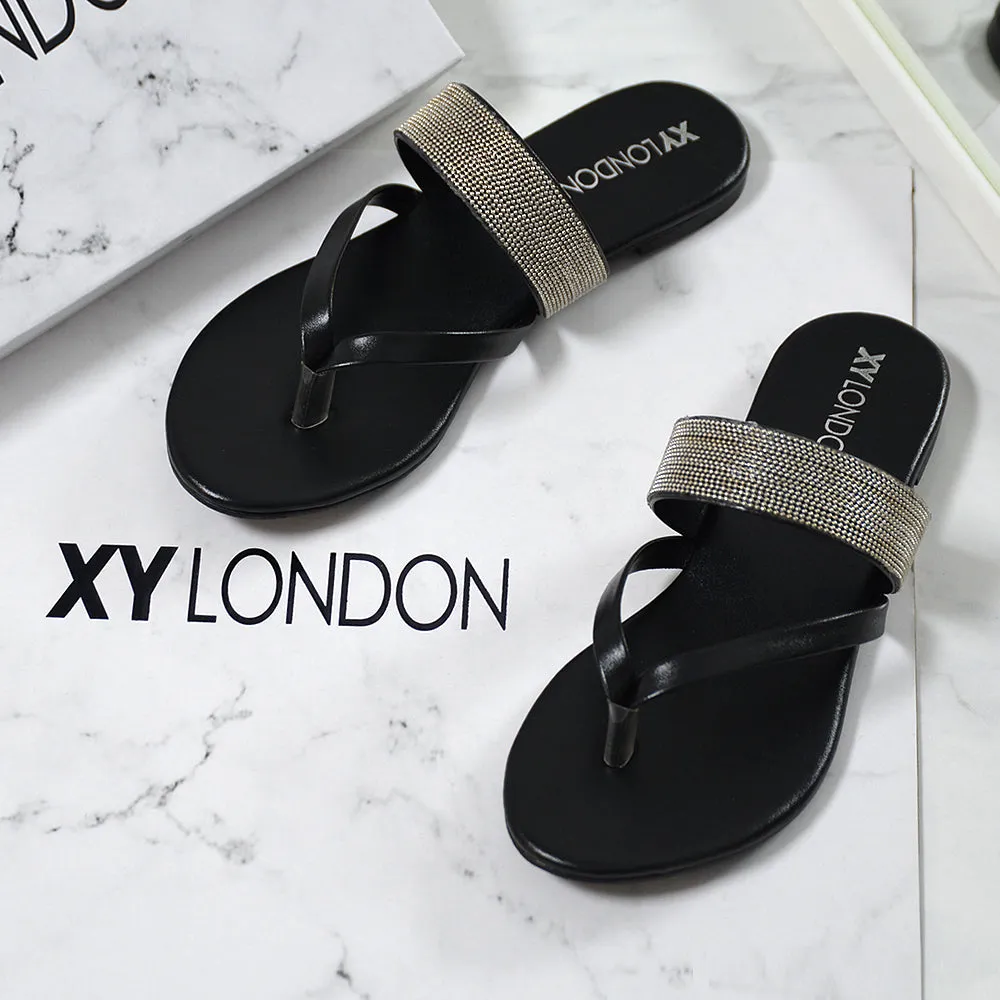 Karis Flat Strappy Toe Post Slip on Flip Flop Slides Diamante Sandals in Black