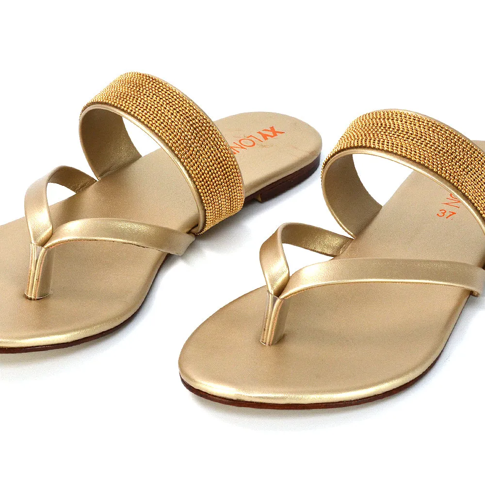 Karis Flat Strappy Toe Post Slip on Flip Flop Slides Diamante Sandals in Black