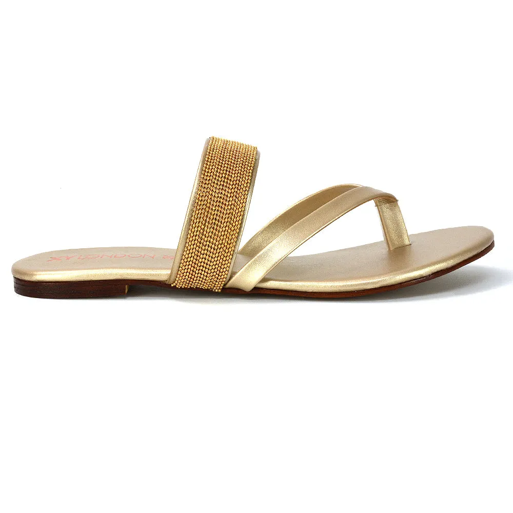 Karis Flat Strappy Toe Post Slip on Flip Flop Slides Diamante Sandals in Black