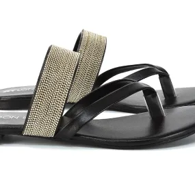 Karis Flat Strappy Toe Post Slip on Flip Flop Slides Diamante Sandals in Black