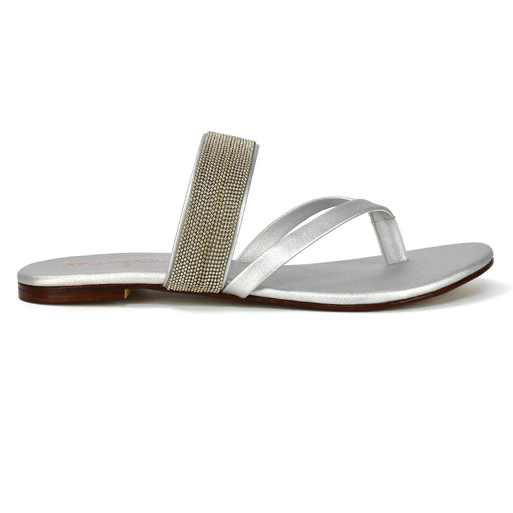 Karis Flat Strappy Toe Post Slip on Flip Flop Slides Diamante Sandals in Black