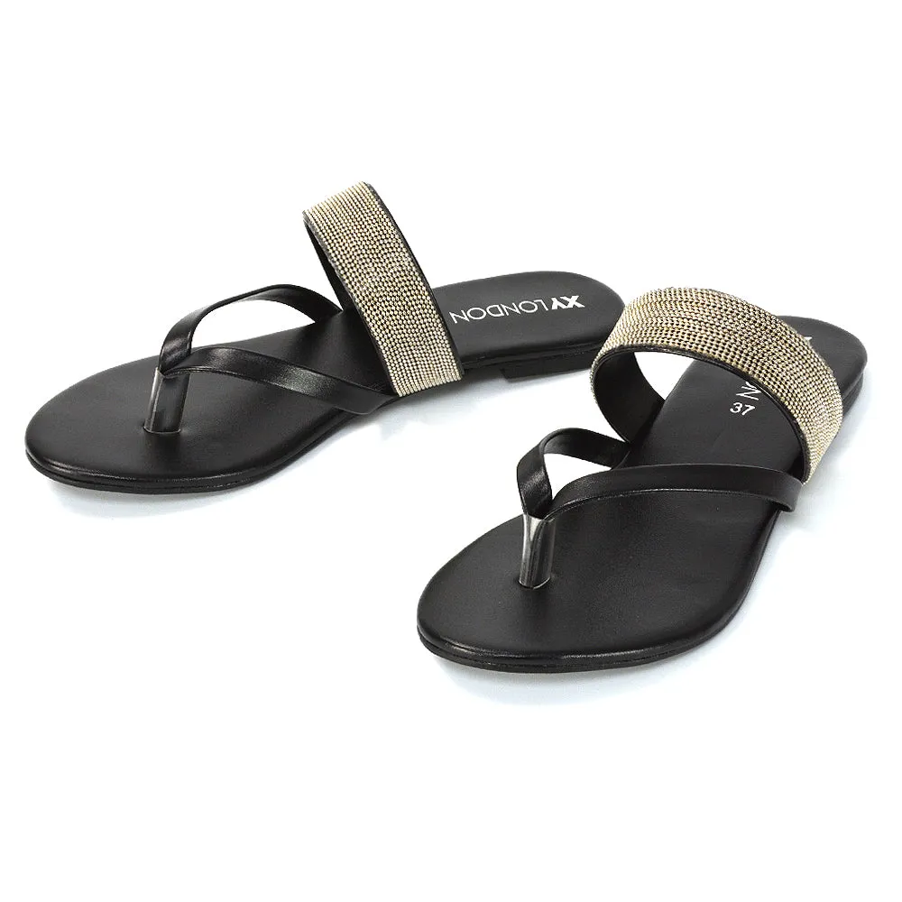 Karis Flat Strappy Toe Post Slip on Flip Flop Slides Diamante Sandals in Black