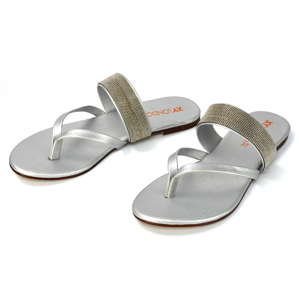 Karis Flat Strappy Toe Post Slip on Flip Flop Slides Diamante Sandals in Black
