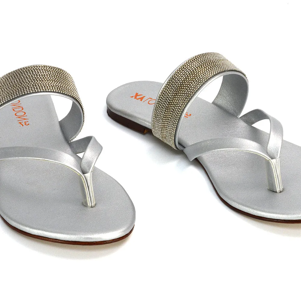 Karis Flat Strappy Toe Post Slip on Flip Flop Slides Diamante Sandals in Black