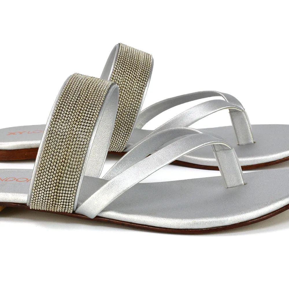 Karis Flat Strappy Toe Post Slip on Flip Flop Slides Diamante Sandals in Black