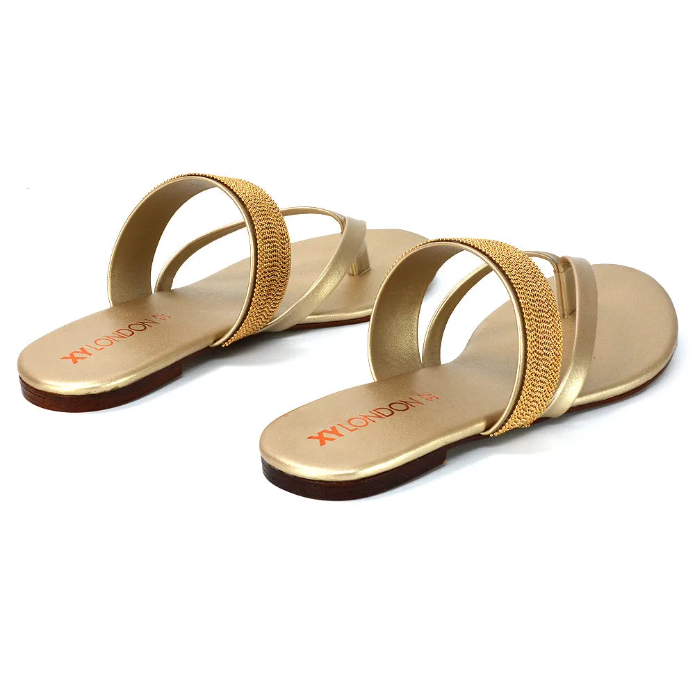 Karis Flat Strappy Toe Post Slip on Flip Flop Slides Diamante Sandals in Black