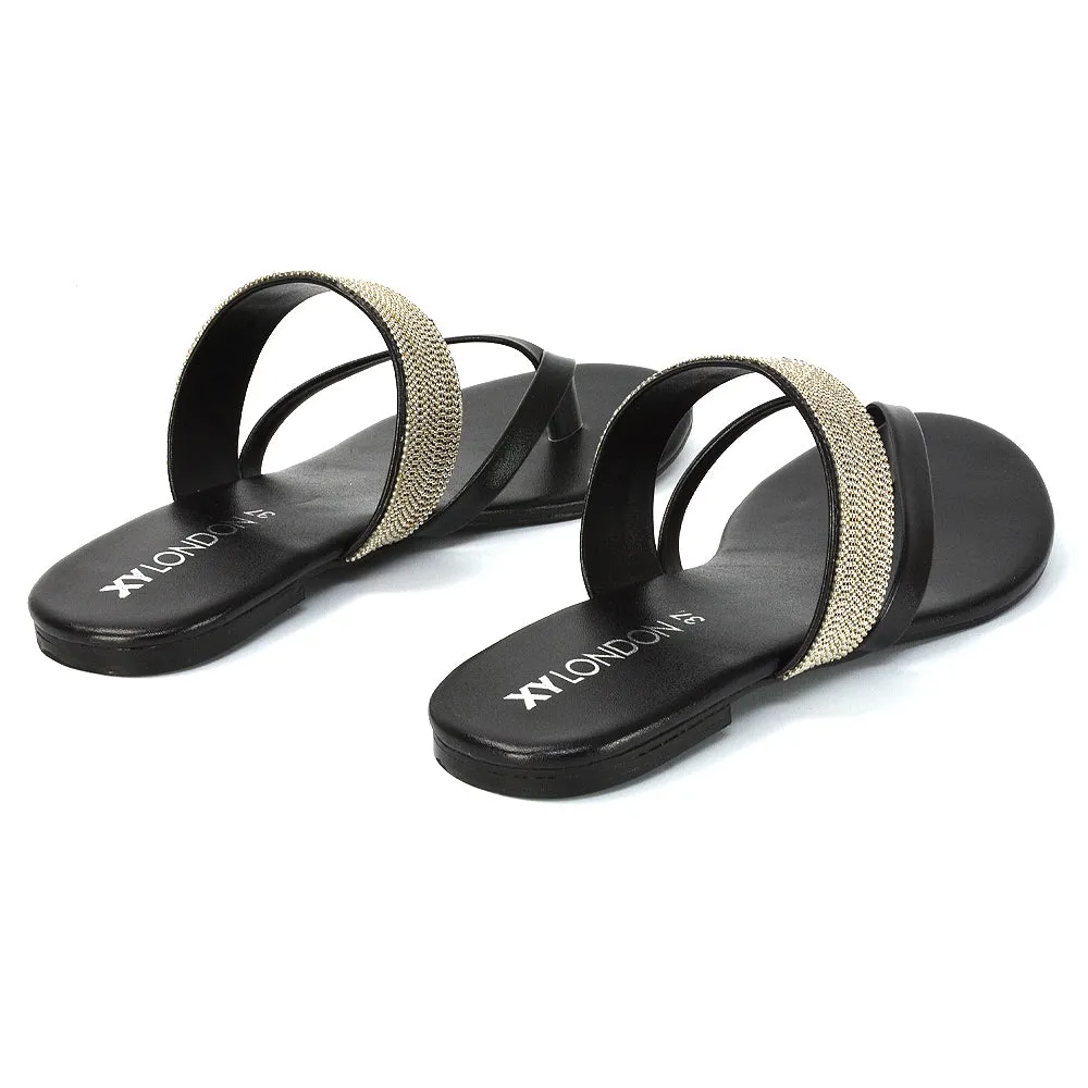 Karis Flat Strappy Toe Post Slip on Flip Flop Slides Diamante Sandals in Black