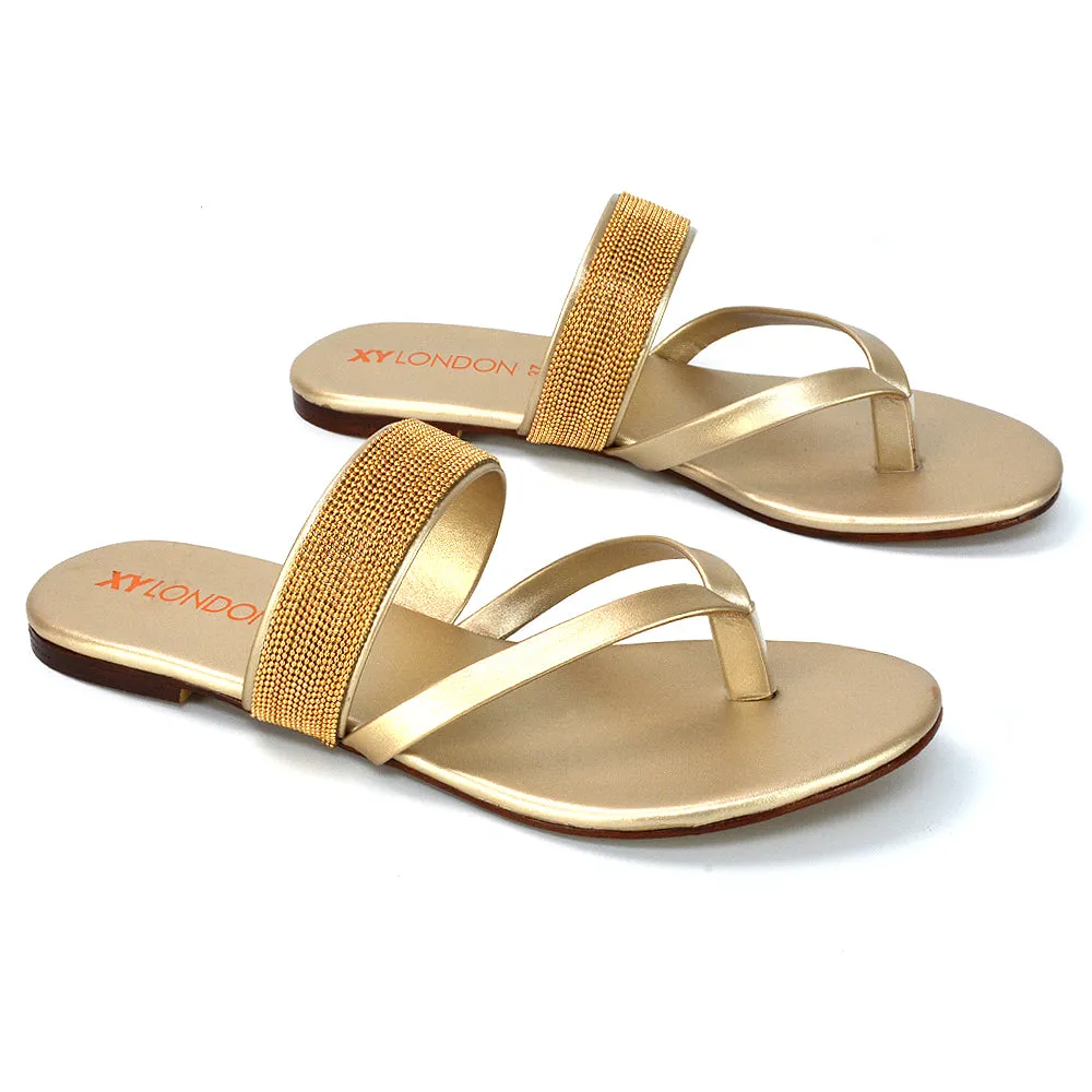 Karis Flat Strappy Toe Post Slip on Flip Flop Slides Diamante Sandals in Black