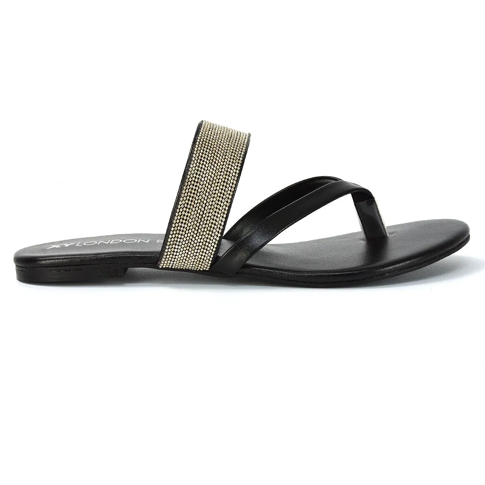 Karis Flat Strappy Toe Post Slip on Flip Flop Slides Diamante Sandals in Black