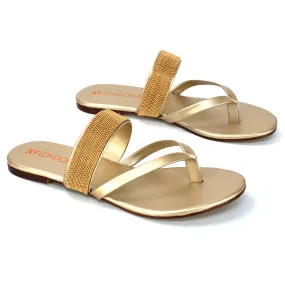 Karis Flat Strappy Toe Post Slip on Flip Flop Slides Diamante Sandals in Gold