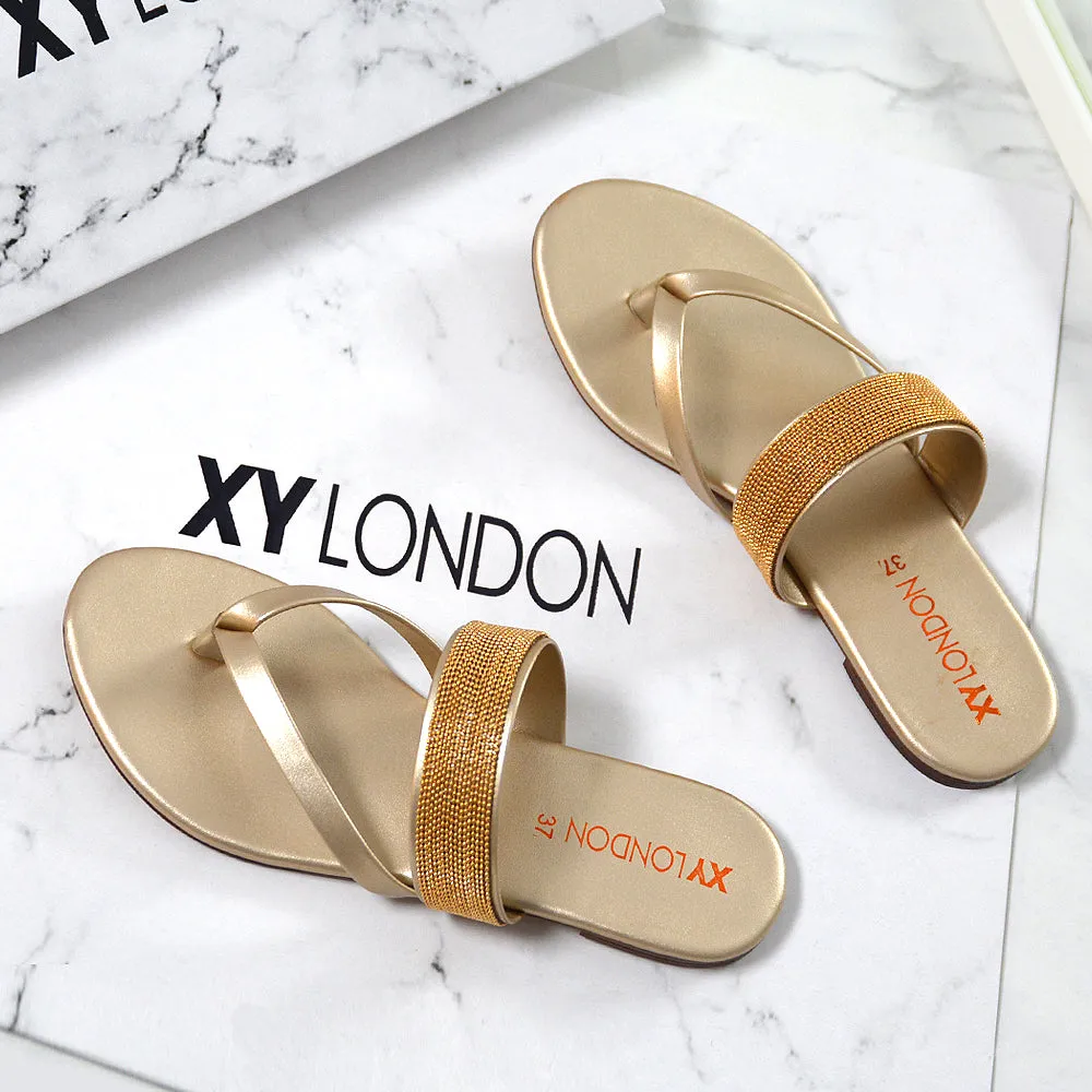 Karis Flat Strappy Toe Post Slip on Flip Flop Slides Diamante Sandals in Silver