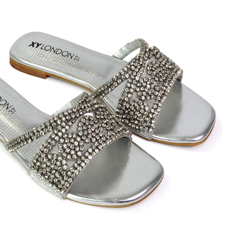 Kingsley Embellished Diamante Flat Sandal Slides Summer Square Toe Shoes in Gold