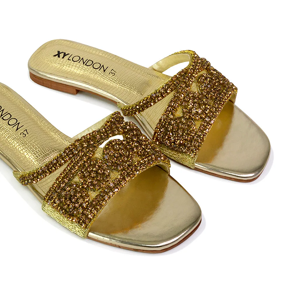Kingsley Embellished Diamante Flat Sandal Slides Summer Square Toe Shoes in Gold