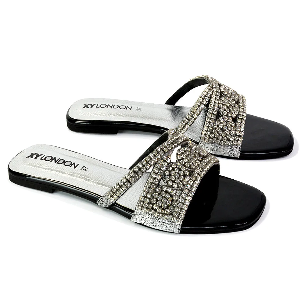 Kingsley Embellished Diamante Flat Sandal Slides Summer Square Toe Shoes in Gold