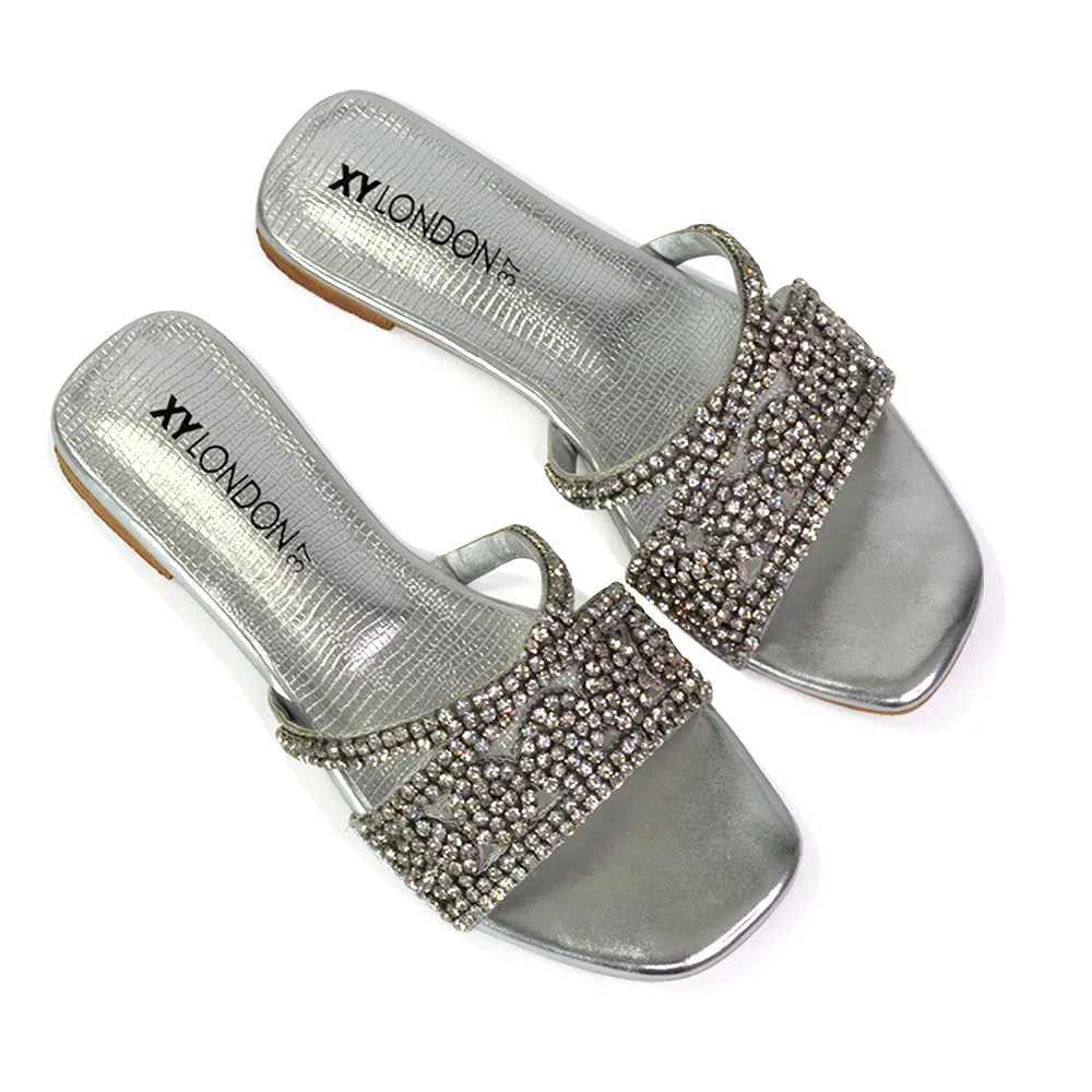 Kingsley Embellished Diamante Flat Sandal Slides Summer Square Toe Shoes in Gold