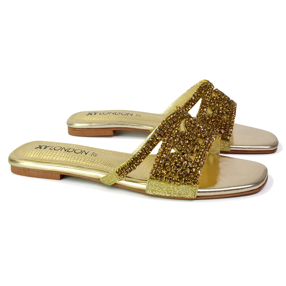 Kingsley Embellished Diamante Flat Sandal Slides Summer Square Toe Shoes in Gold