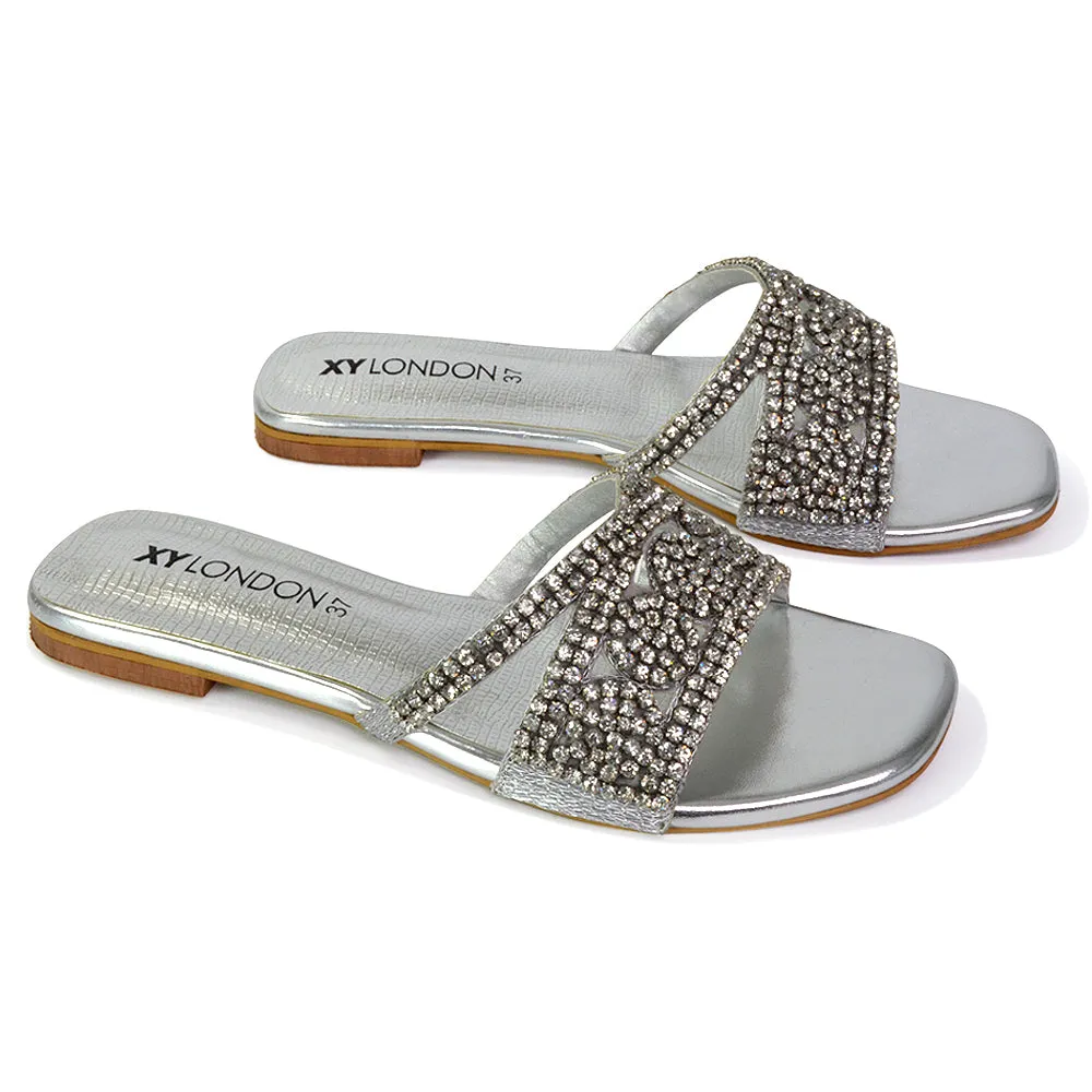 Kingsley Embellished Diamante Flat Sandal Slides Summer Square Toe Shoes in Gold