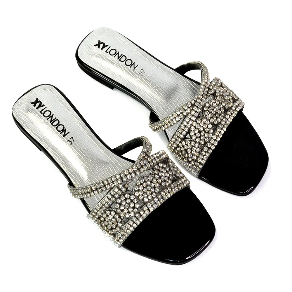 Kingsley Embellished Diamante Flat Sandal Slides Summer Square Toe Shoes in Gold