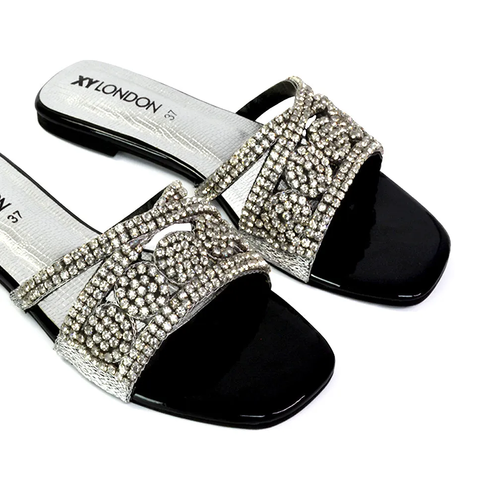 Kingsley Embellished Diamante Flat Sandal Slides Summer Square Toe Shoes in Gold