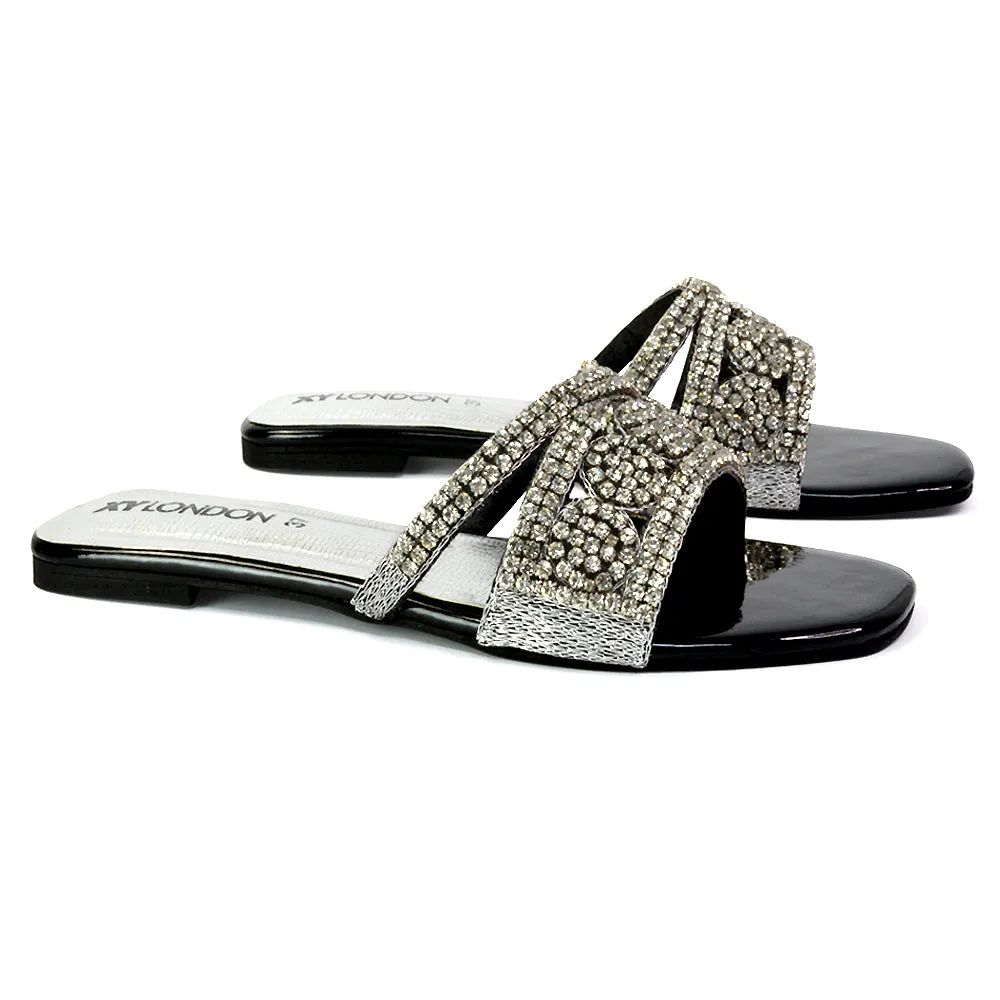 Kingsley Embellished Diamante Flat Sandal Slides Summer Square Toe Shoes in Gold