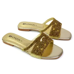 Kingsley Embellished Diamante Flat Sandal Slides Summer Square Toe Shoes in Gold