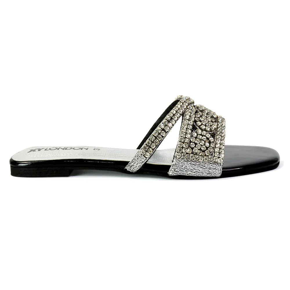 Kingsley Embellished Diamante Flat Sandal Slides Summer Square Toe Shoes in Gold