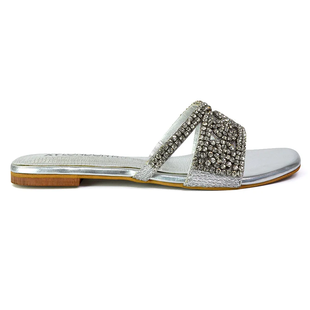 Kingsley Embellished Diamante Flat Sandal Slides Summer Square Toe Shoes in Gold