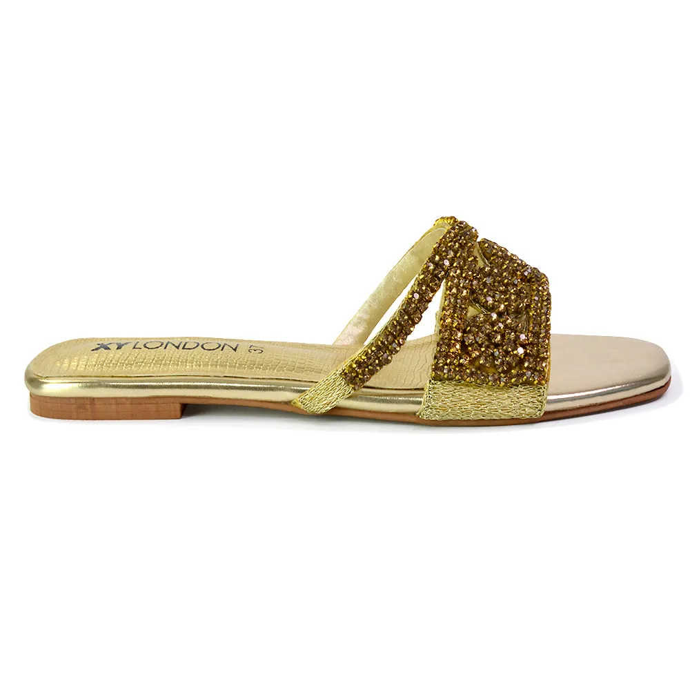 Kingsley Embellished Diamante Flat Sandal Slides Summer Square Toe Shoes in Gold