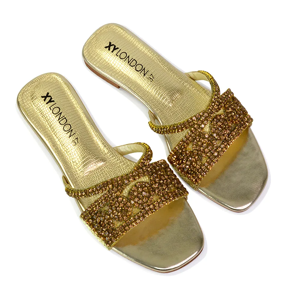 Kingsley Embellished Diamante Flat Sandal Slides Summer Square Toe Shoes in Gold