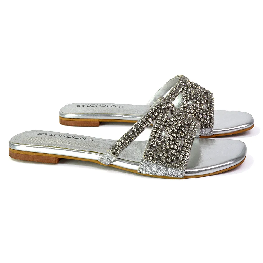 Kingsley Embellished Diamante Flat Sandal Slides Summer Square Toe Shoes in Gold