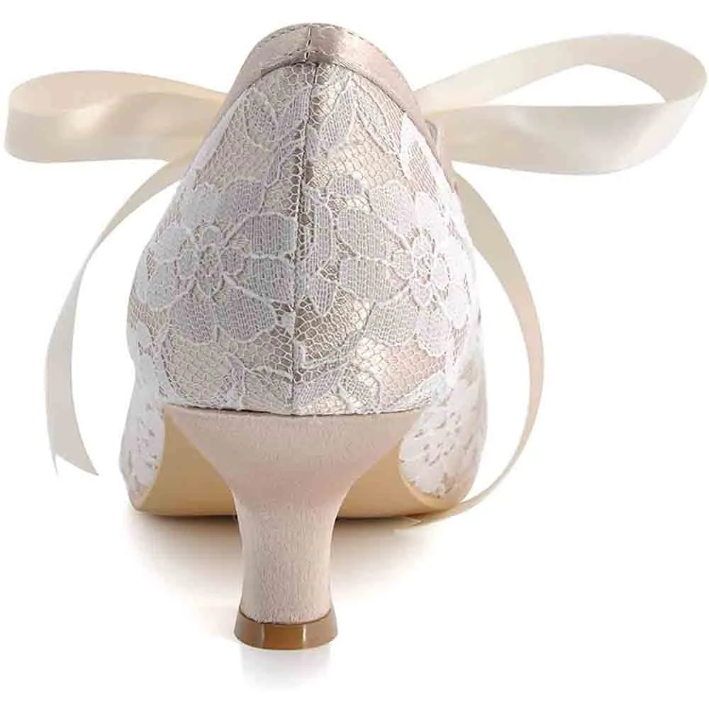Lace Wedding Shoes Closed Toe Bridal Shoes Women Mary Jane Low Heels Pumps