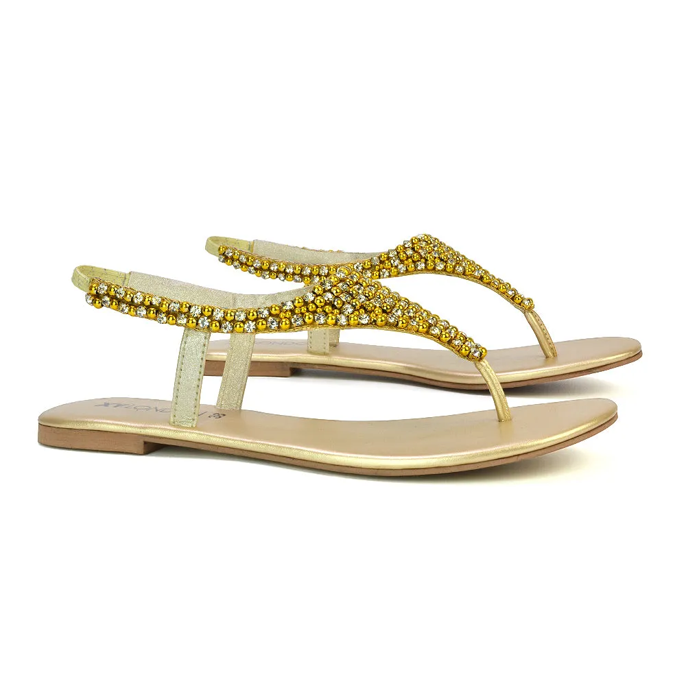 LAUREN DIAMANTE EMBELLISHED TOE POST STRAPPY SLINGBACK SPARKLY FLAT SUMMER SANDALS IN GOLD