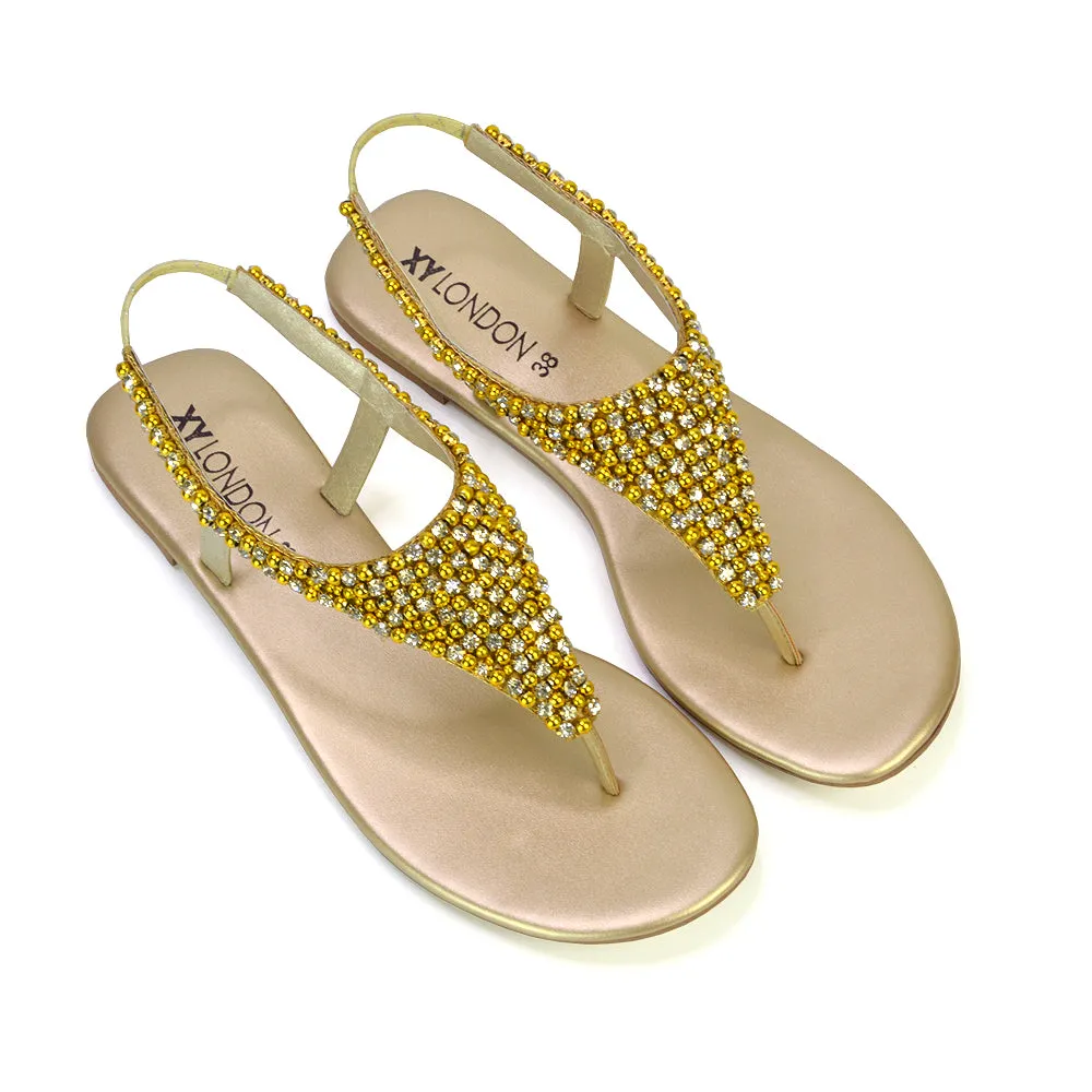 LAUREN DIAMANTE EMBELLISHED TOE POST STRAPPY SLINGBACK SPARKLY FLAT SUMMER SANDALS IN GOLD