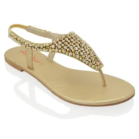 LAUREN DIAMANTE EMBELLISHED TOE POST STRAPPY SLINGBACK SPARKLY FLAT SUMMER SANDALS IN GOLD