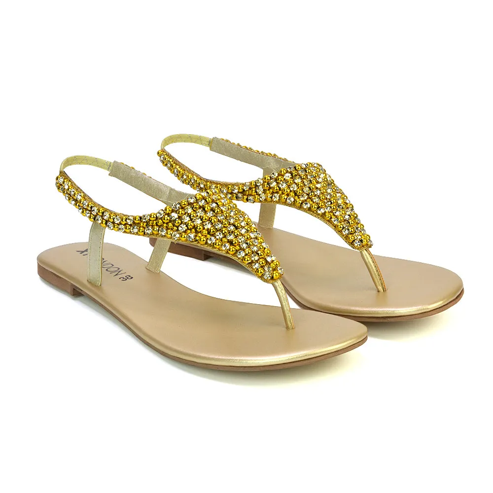 LAUREN DIAMANTE EMBELLISHED TOE POST STRAPPY SLINGBACK SPARKLY FLAT SUMMER SANDALS IN GOLD